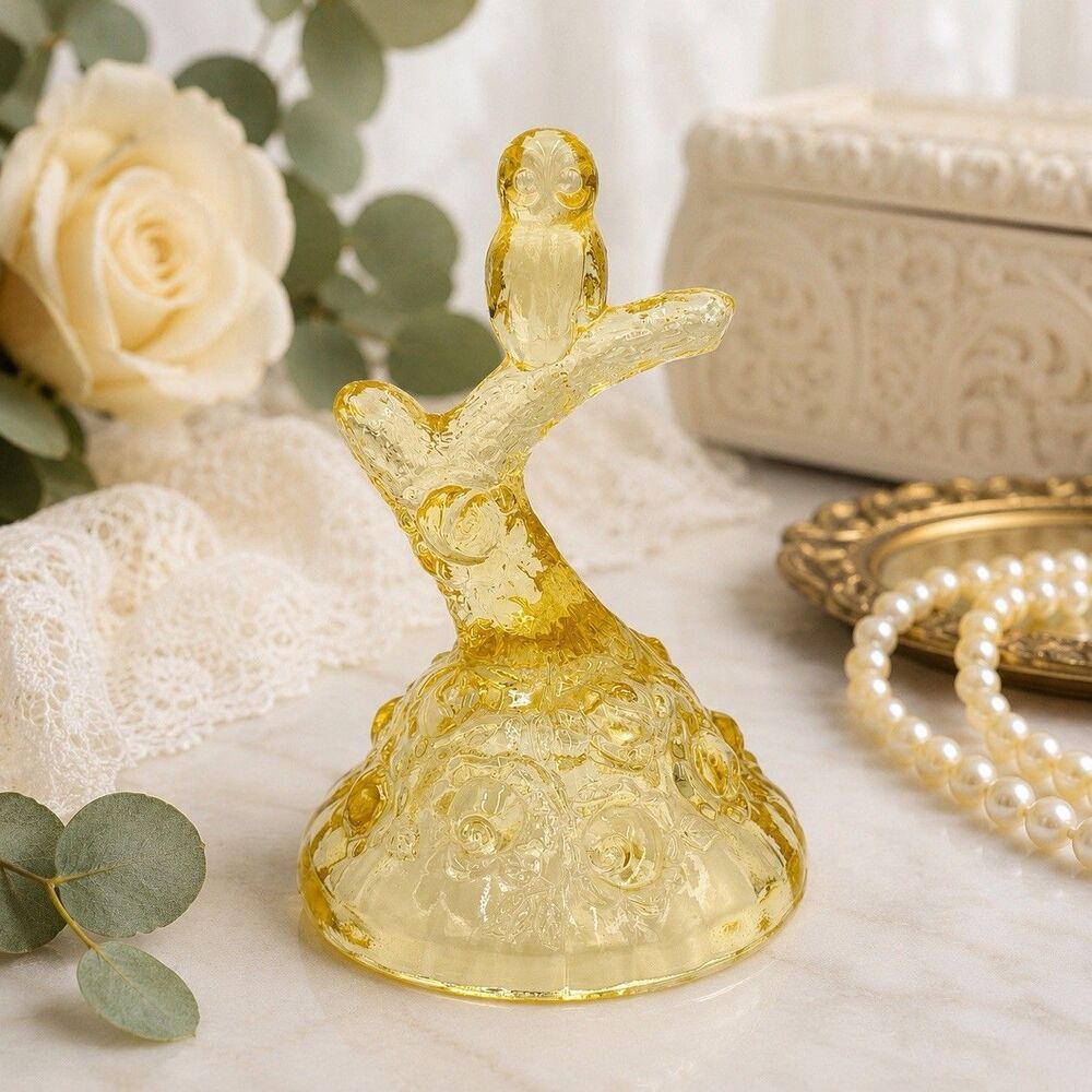 Vintage Fenton Candleglow Yellow Owl On Branch Ring Holder Art Glass 4.5"